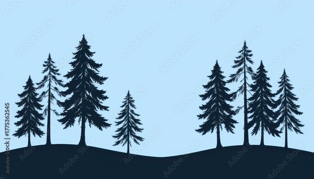 Fototapeta premium Dark blue silhouette of multiple pine trees standing on a rolling dark landscape beneath a light blue sky