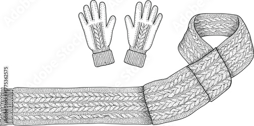 knitted gloves and scarf, cable knit pattern, winter accessories, ribbed cuffs, textile detail, cad drawing flat vector illustration