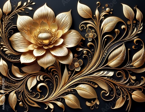 intricate gold floral patterns on black canvas elegant and luxurious surface design