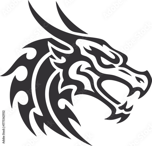 A vector illustration features a tribal dragon tattoo design
