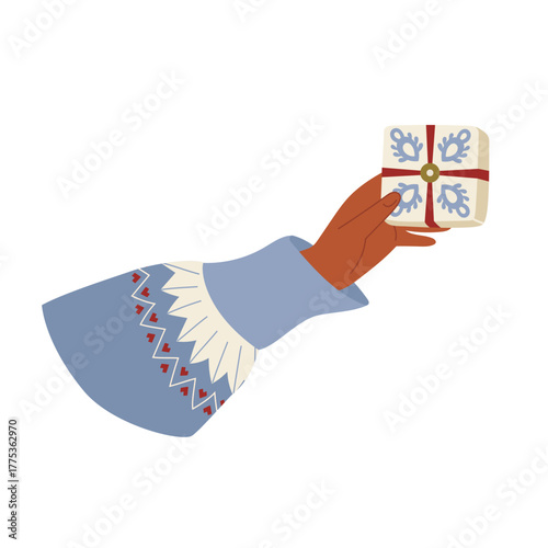 Arms in patterned sweater with present. Hand in warm sweater gives present with decorative ornament. Winter festive vector illustration for holiday decor, Christmas card, New year print