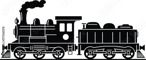 Black silhouette of a steam locomotive and tender train, steam locomotive, train, engine, railroad, railway, transport, transportation, vehicle, historical, vintage, old, retro, industrial, steam, smo