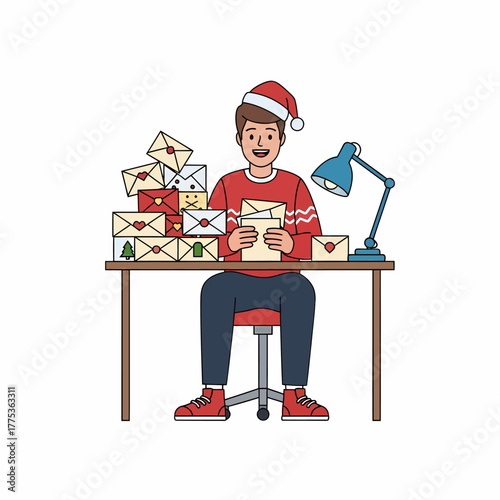 Illustration: Man with christmas hat and letters at the desk