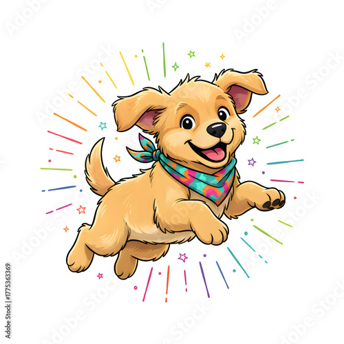 Joyful golden retriever puppy wearing a colorful bandana jumping with excitement isolated on transparent background