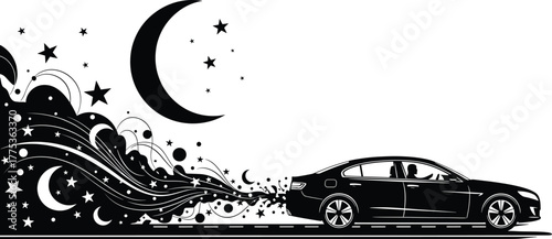 Car driving at night with moon and stars vector illustration, car, driving, night, moon, stars, fantasy, dream, imagination, surreal, abstract, motion, speed, travel, journey, transportation, road, bl