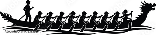 Dragon boat team rowing on water with dragon head sport, dragon boat, rowing, team, sport, race, water, boat, people, paddling, oars, competition, traditional, asian, culture, activity, movement, ener