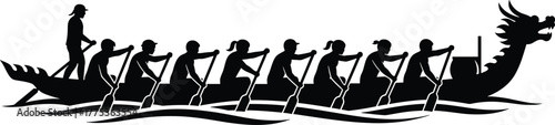 Dragon boat team rowing on water with dragon head sport, dragon boat, rowing, team, sport, race, water, boat, people, paddling, oars, competition, traditional, asian, culture, activity, movement, ener