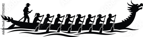 Dragon boat team rowing on water with dragon head sport, dragon boat, rowing, team, sport, race, water, boat, people, paddling, oars, competition, traditional, asian, culture, activity, movement, ener
