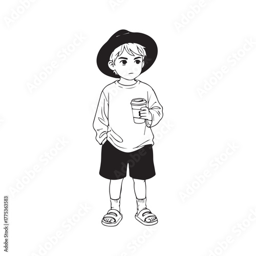 Young Boy with Coffee Cup and a Stylish Hat: An illustration depicting a young boy in a hat casually holding a coffee cup, perfect for portraying leisure and lifestyle themes.
