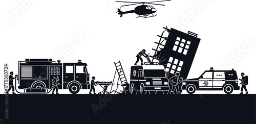 Emergency rescue scene with vehicles and helicopter, rescue, emergency, helicopter, fire truck, ambulance, police car, building collapse, disaster, firefighters, paramedics, police officers, rescue wo