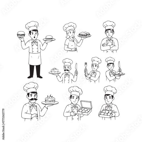 Culinary Craftsmanship: A set of cartoon chefs, each showcasing their culinary skills, presents a variety of dishes, cakes, and other delightful culinary creations.