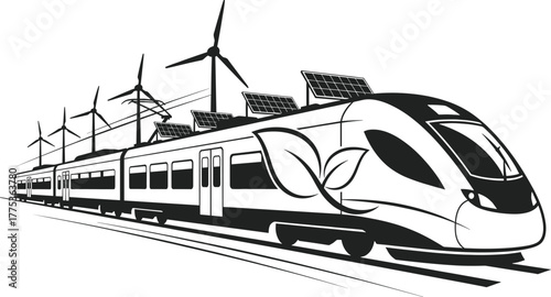 Futuristic eco train with solar panels and wind turbines train, eco, energy, solar, with, design, environment, logistics, concept, transport, sustainable, sustainability, energy, travel, futuristic, i