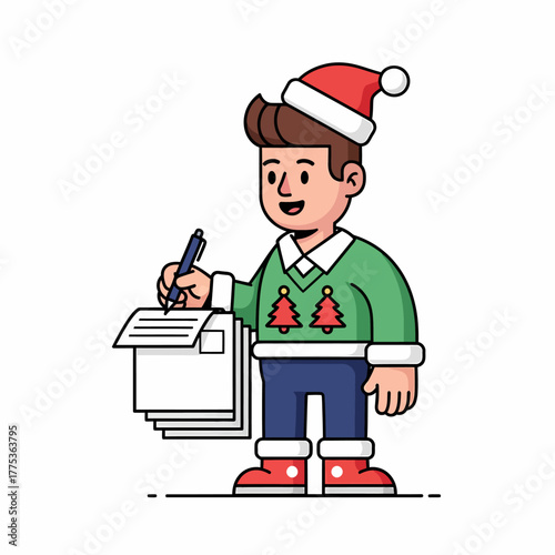 Cartoon man with santa hat writing christmas wishlist letters