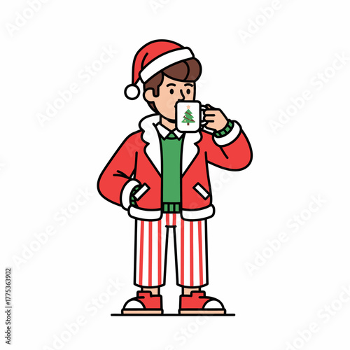 Flat vector man dressed as santa holding christmas mug drinking coffee