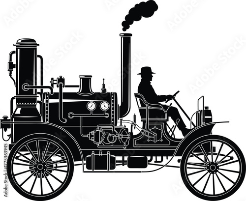 Man in hat driving a vintage steam automobile classic, vintage, automobile, car, classic, vehicle, transport, transportation, retro, steam, engine, motor, old, historical, mechanical, technology, indu