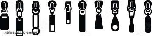 Zipper Icon Set, Fastener, Slider, and Zip Symbol Collection and Group, Clothing, Bag, and Textile Accessory Vector Fashion Tool, Sewing, Tailoring, Lock, and Stitch Design in Black Flat Style