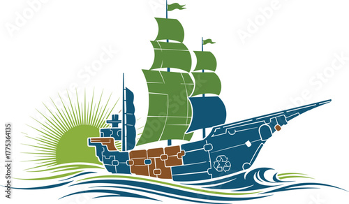 Seafaring Dreams Whimsical Ship Soaring on Waves, a Fusion of Nautical Adventure and Artistic Expression, ship, sailing, waves, nautical, sea, pirate, dreams, compass, chart, exploration, treasure, ma