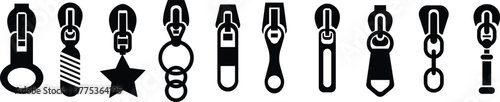 Zipper Icon Set, Fastener, Slider, and Zip Symbol Collection and Group, Clothing, Bag, and Textile Accessory Vector Fashion Tool, Sewing, Tailoring, Lock, and Stitch Design in Black Flat Style