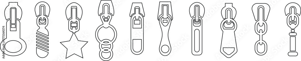 Obraz premium Zipper Icon Set, Fastener, Slider, and Zip Symbol Collection and Group, Clothing, Bag, and Textile Accessory Vector Fashion Tool, Sewing, Tailoring, Lock, and Stitch Design in Black Line Style