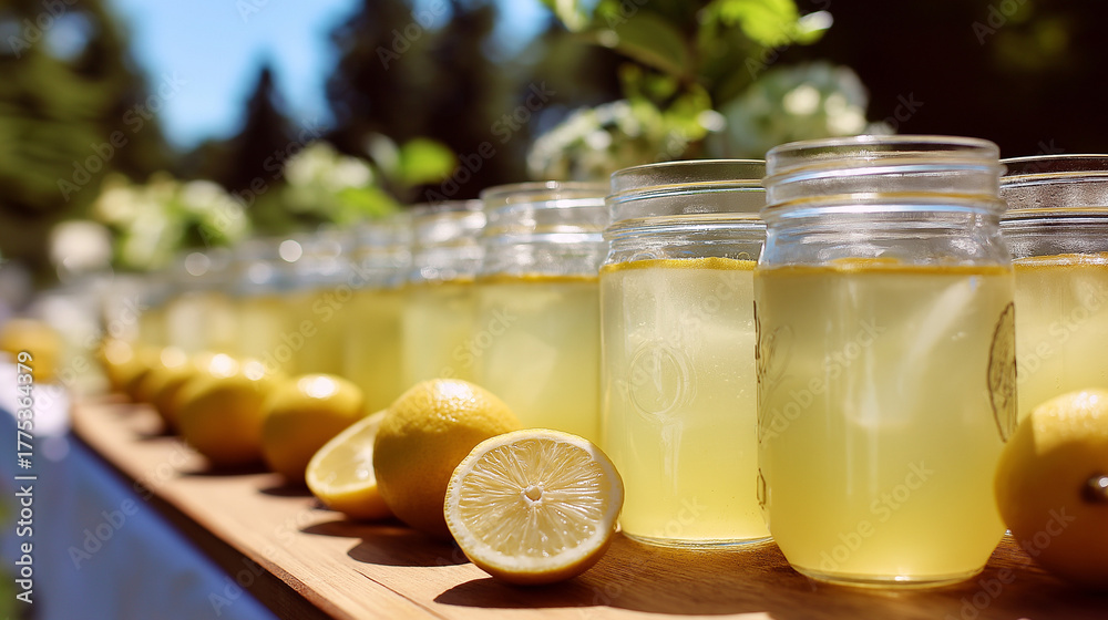 Fototapeta premium homemade lemonade stand with mason jars on a sunny day