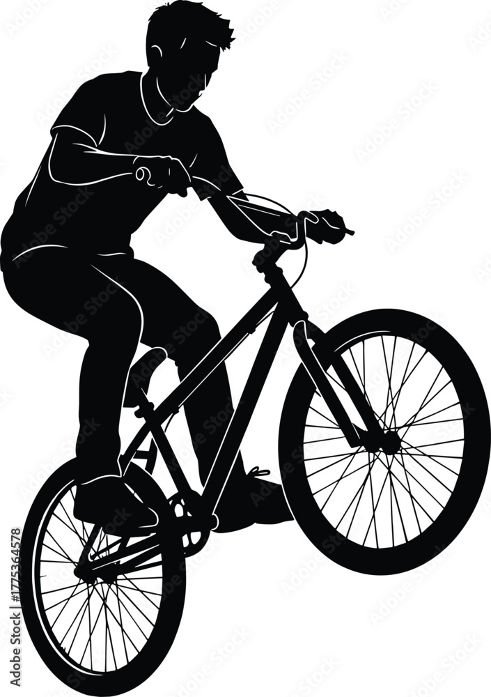 Naklejka premium Silhouette of aBMX rider performing a wheelie on white background, bmx, bicycle, bike, rider, cyclist, silhouette, man, male, person, sport, extreme sport, trick, stunt, wheelie, riding, action, motio