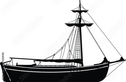 Silhouette of a tall ship with three masts and sails, ship, tall ship, sailing ship, schooner, vessel, boat, maritime, nautical, silhouette, black and white, masts, sails, rigging, ropes, lines, hull,