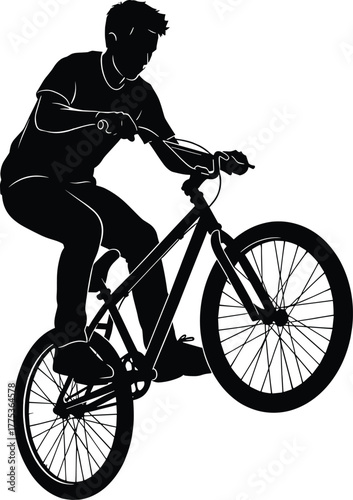 Silhouette of aBMX rider performing a wheelie on white background, bmx, bicycle, bike, rider, cyclist, silhouette, man, male, person, sport, extreme sport, trick, stunt, wheelie, riding, action, motio