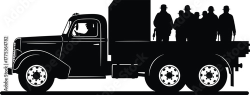 Silhouette of men in hats riding in a dual-rear-wheel truck, truck, flatbed, men, silhouette, driver, passengers, hats, vintage, retro, transportation, cargo, people, group, journey, travel, old, vehi