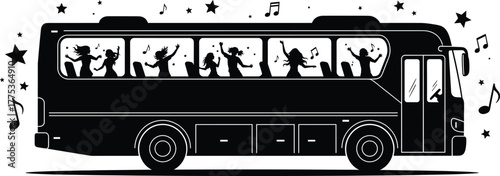 Silhouette of party bus with dancing people and music notes bus, party bus, with, design, activity, bus, concept, party, group, doors, transport, adventure, outside., road, travel, dancing, movement, 