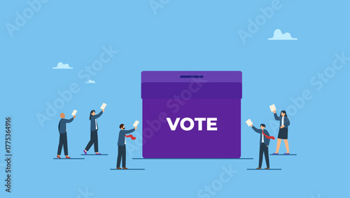 Diverse people hold voting paper checkmark putting in vote box. Voting, poll or employee feedback questionnaire, politic choice, opinion or democracy, election or customer survey, referendum.