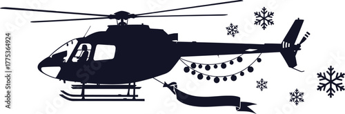 Silhouette of helicopter with Christmas lights and snowflakes, helicopter, silhouette, christmas, lights, snowflakes, winter, holiday, festive, celebration, banner, ribbon, flying, air transport, tran