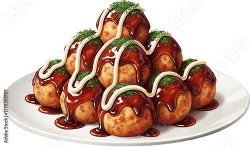 Takoyaki platter with mayonnaise and sauce, detailed digital illustration isolated.
