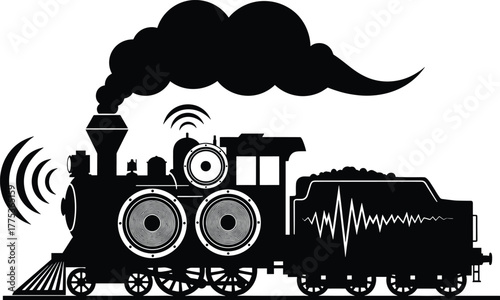 Steam train with speakers and sound wave coal steam train, locomotive, train, speakers, with, classic, pile, coal, transport, steam, retro, whistle, travel, old-fashioned, movement, noise, black, jour