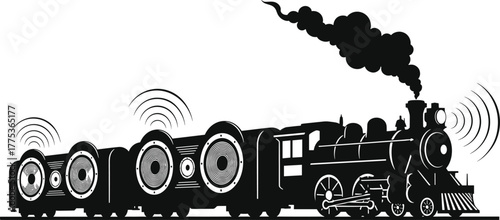 Steam train with large speakers on wagons steam train, locomotive, train, speakers, with, classic, transport, steam, retro, whistle, travel, old-fashioned, movement, noise, black, journey, musical, la