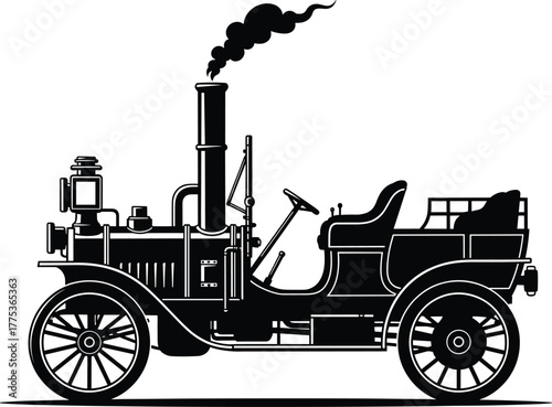 Vintage steam powered automobile with smoke antique, antique, automobile, car, classic, vehicle, transport, transportation, vintage, retro, steam, engine, motor, old, historical, mechanical, technolog