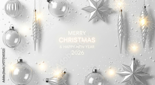 Christmas and New Year 2026 greeting card design featuring silver ornaments, stars, and festive decorations on a white background.
