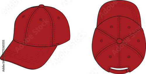 red baseball cap, front side top view, adjustable strap, stitched panels, ventilation eyelets, fashion accessory, cad drawing flat vector illustration