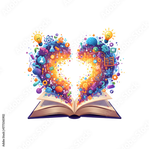 Open book with colorful abstract explosion of ideas and knowledge emerging isolated on transparent background