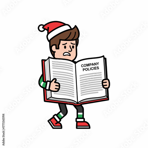 Cartoon man reading boring company policy manual at christmas time