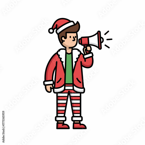 Flat vector cheerful Santa Claus with megaphone announces Christmas holiday