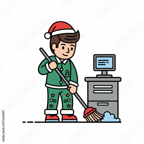 Cartoon illustration christmas elf sweeps office floor dust cheerfully