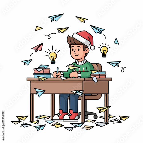 Illustration: Christmas paper airplane idea creation around a student desk