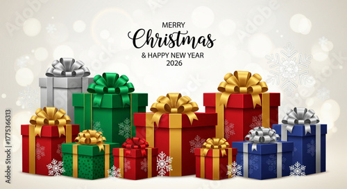 Festive Christmas Gifts and New Year 2026 Greeting with Elegant Decorations