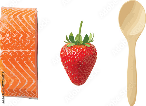 Salmon fillet, ripe strawberry, wooden spoon, food ingredients, culinary tools, realistic texture, kitchen elements, cad drawing flat vector illustration
