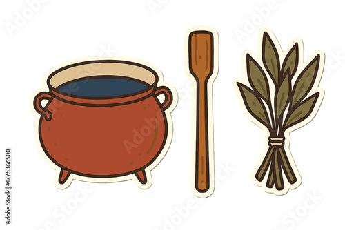 Cauldron filled with dark liquid, wooden stirring paddle, and bundle of dried herbs