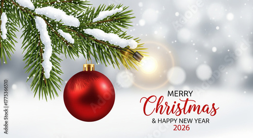 Festive Christmas Ornament and Snowy Pine Branch Greeting for 2026