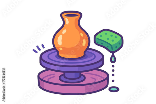 Brightly colored ceramic pot on a rotating pottery wheel with a dripping sponge