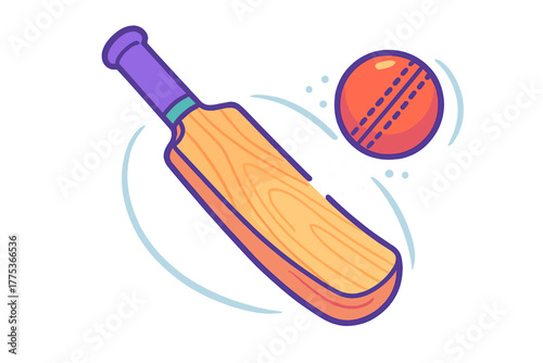 Wooden cricket bat ready to strike a red ball in mid-flight