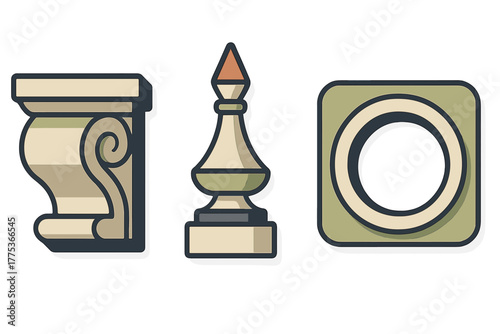 Abstract decorative objects set with architectural scrollwork, pointed finial, and round geometric shape