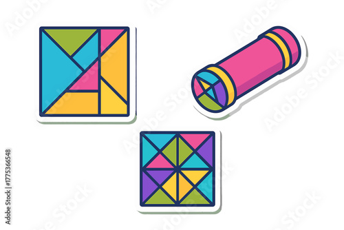 Bright geometric puzzle shapes, kaleidoscope stickers, abstract design elements